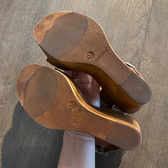 Steve Madden 6.5 / 37 Belma Tan Leather Wood Wedge platform sandal cognac brown - Picture 13 of 15